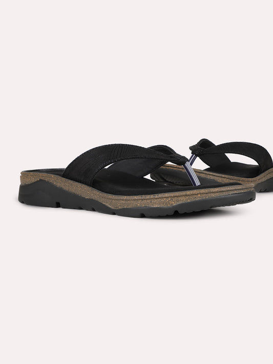 Womens Black Casual Solid T-Strap Flat Slip-On Sandals