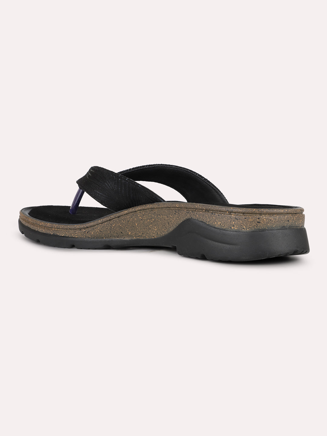 Womens Black Casual Solid T-Strap Flat Slip-On Sandals