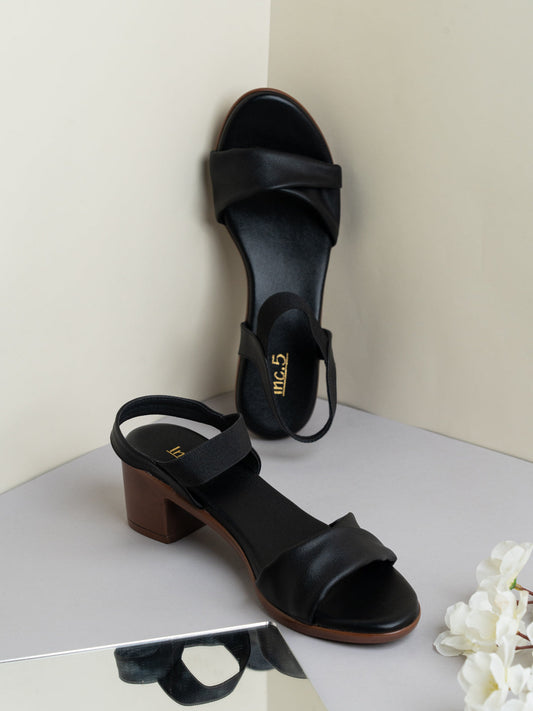 Womens Black Party Wear Solid Round Toe Block Heel Sandals