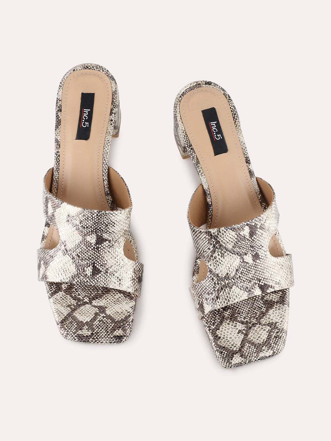 Womens Golden Party Wear Printed Toe Square Toe Block Heels