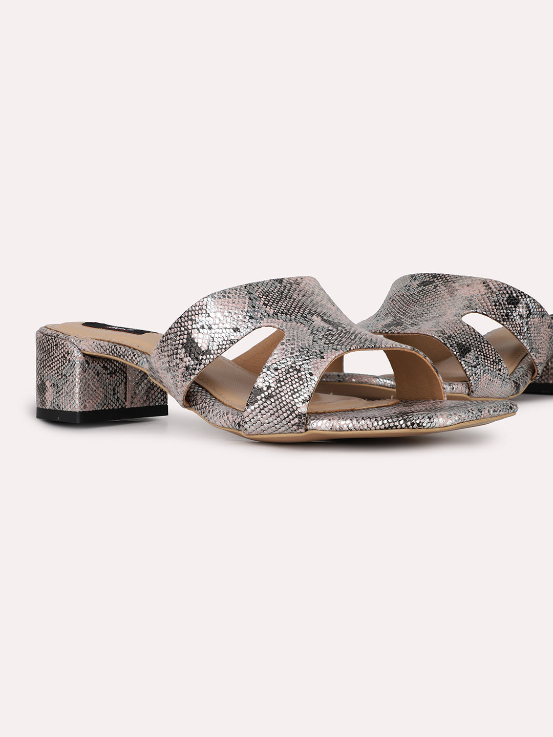 Womens Pewter Party Wear Printed Toe Square Toe Block Heel Sandals