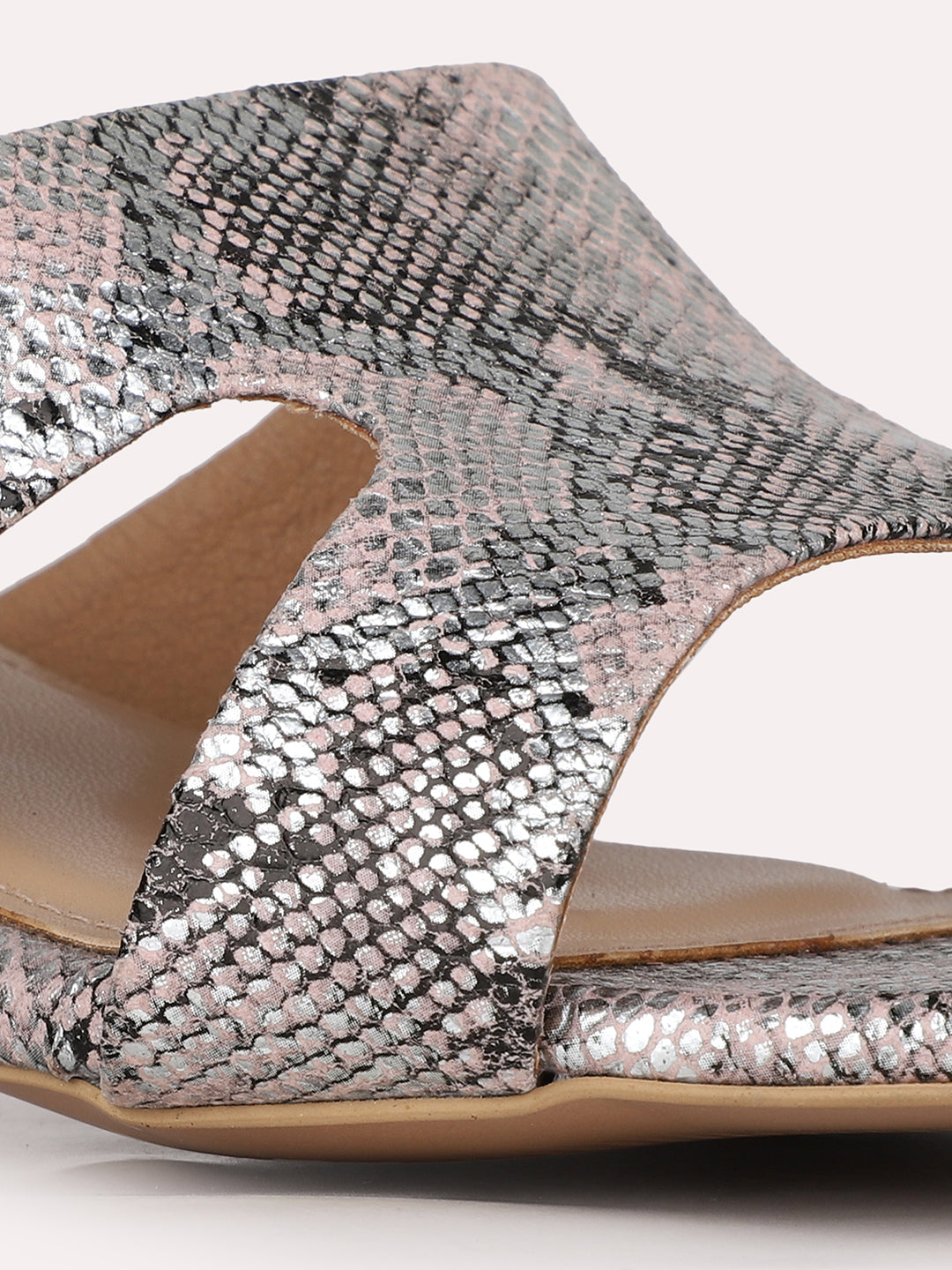 Womens Pewter Party Wear Printed Toe Square Toe Block Heel Sandals