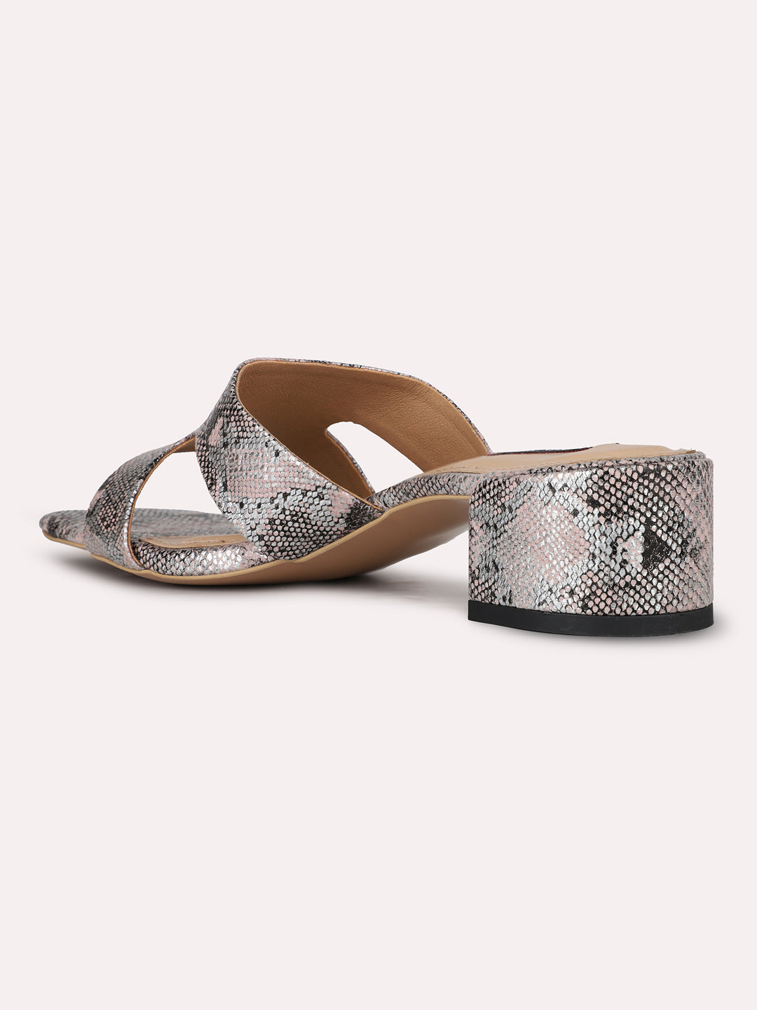 Womens Pewter Party Wear Printed Toe Square Toe Block Heels