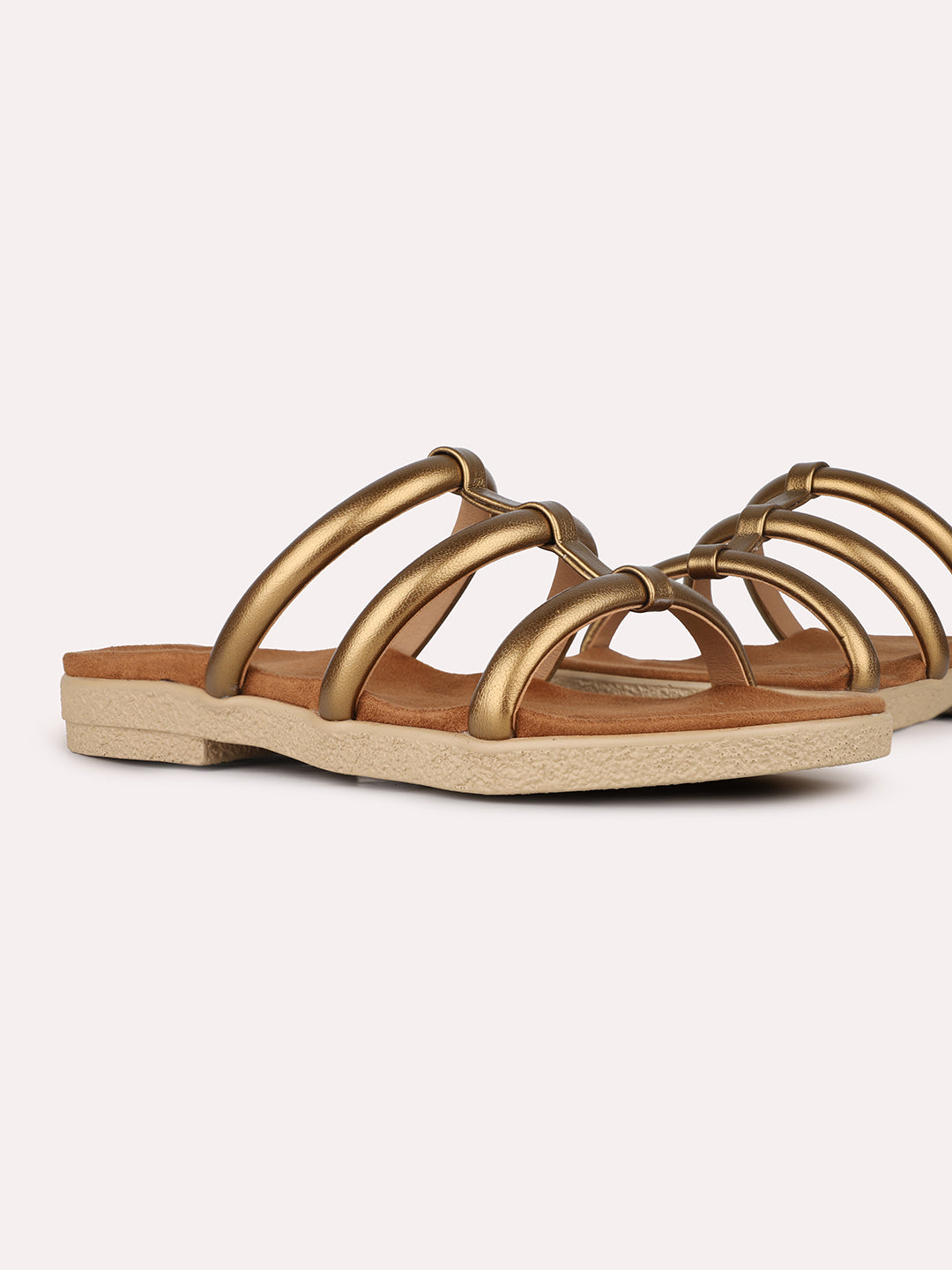 Womens Golden Casual Striped Open Toe Flat Slip-On Sandals