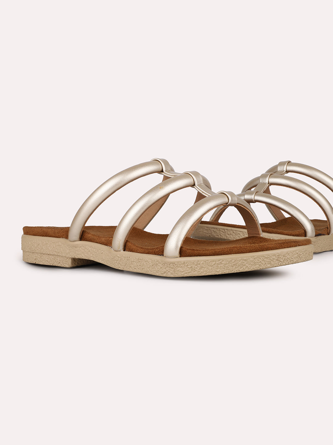 Womens Golden Casual Striped Open Toe Flat Slip-On Sandals