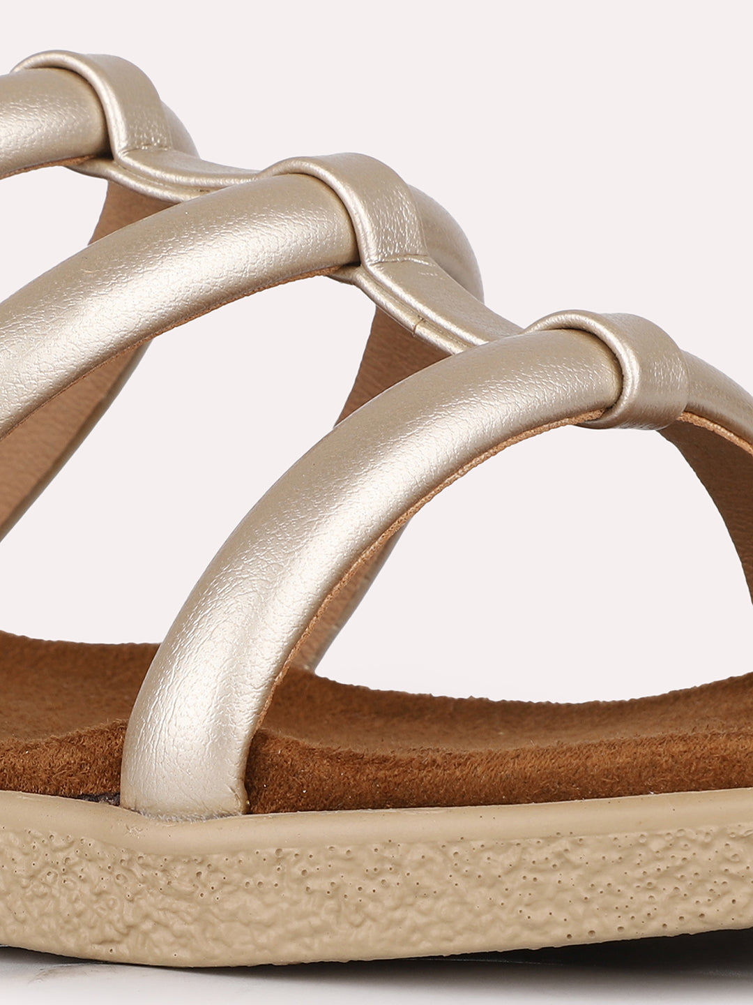 Womens Golden Casual Striped Open Toe Flat Slip-On Sandals