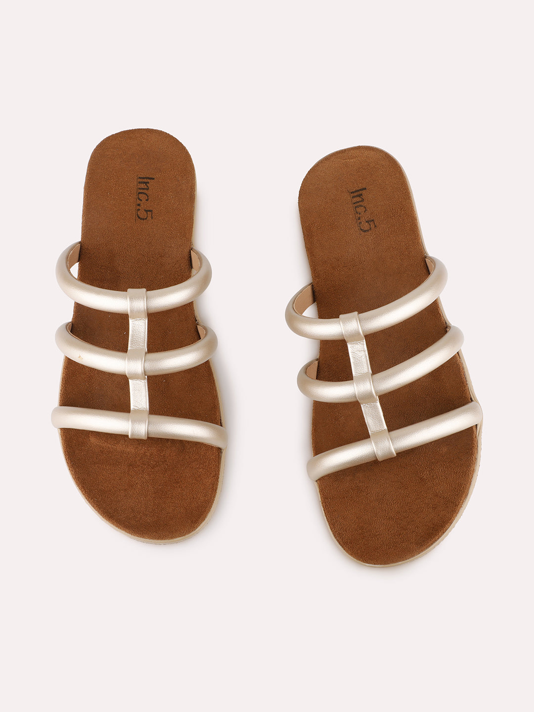 Womens Golden Casual Striped Open Toe Flat Slip-On Sandals