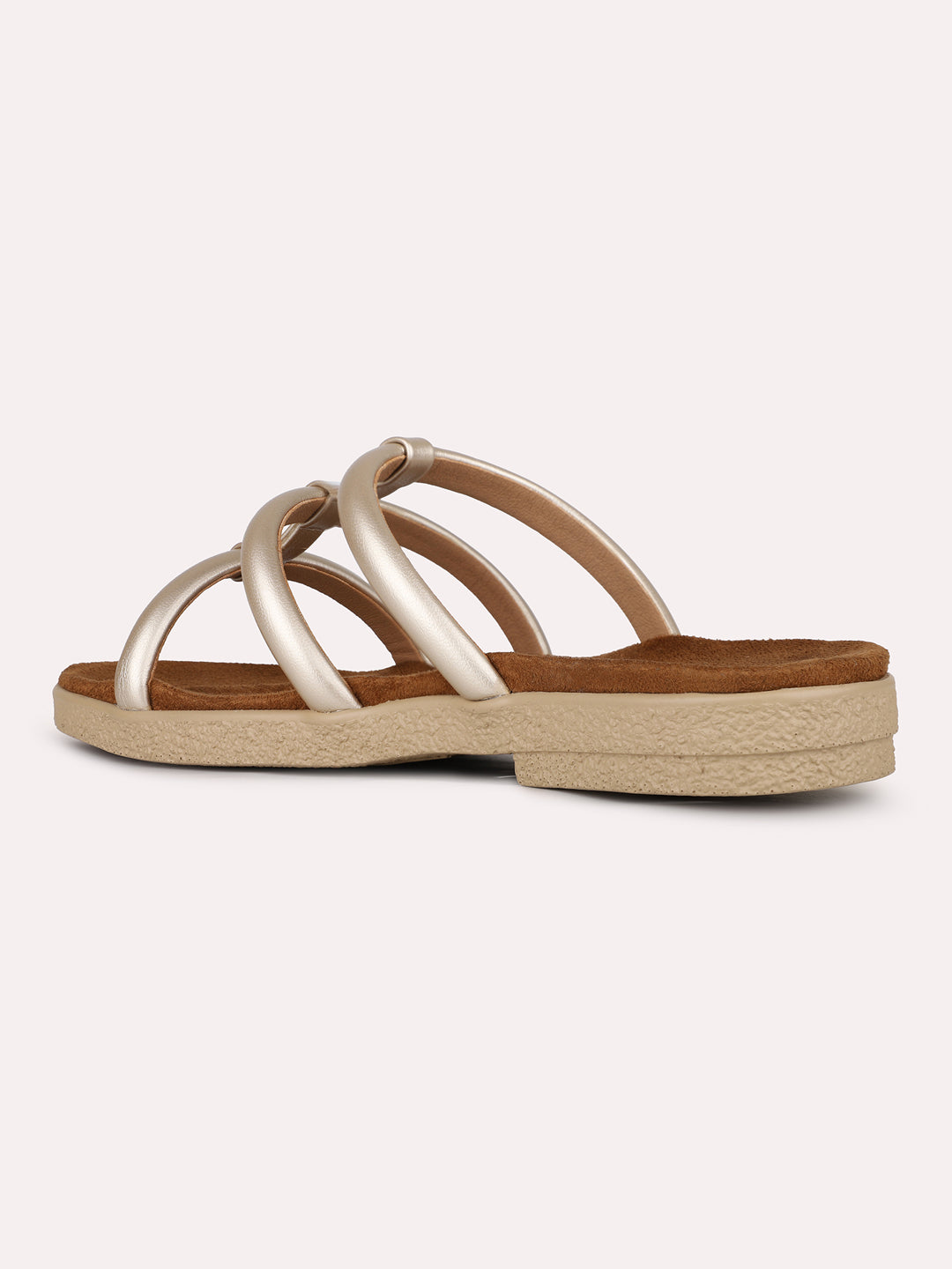 Womens Golden Casual Striped Open Toe Flat Slip-On Sandals