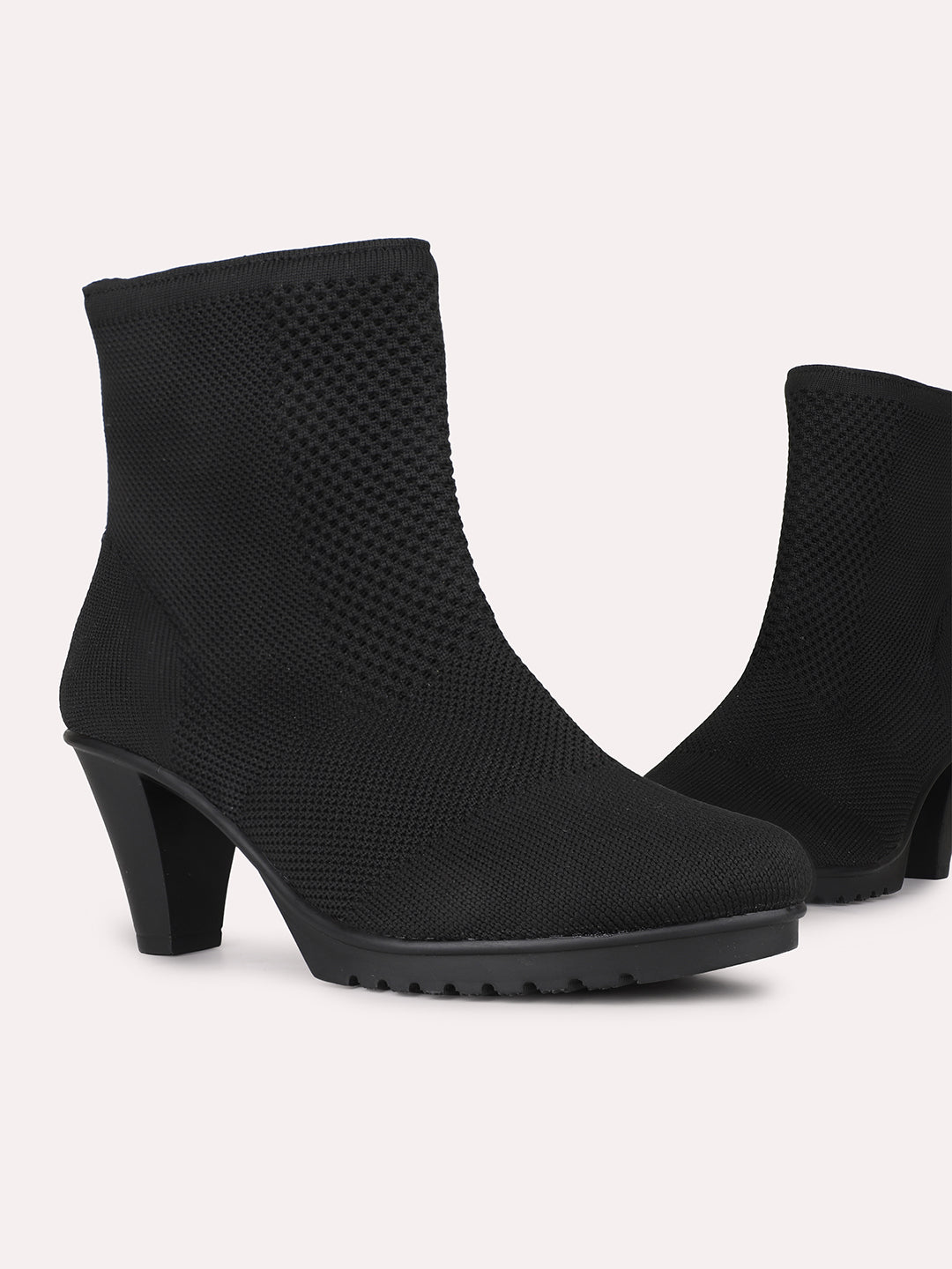 Womens Black Party Wear Solid Round Toe Block Heel Ankle Boots