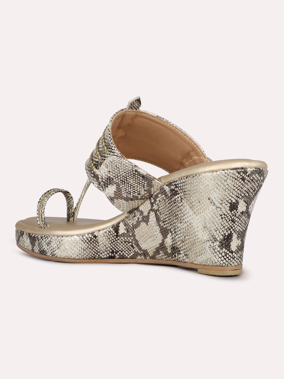 Womens Golden Ethnic Printed Toe Round Toe Wedge Heel Sandals