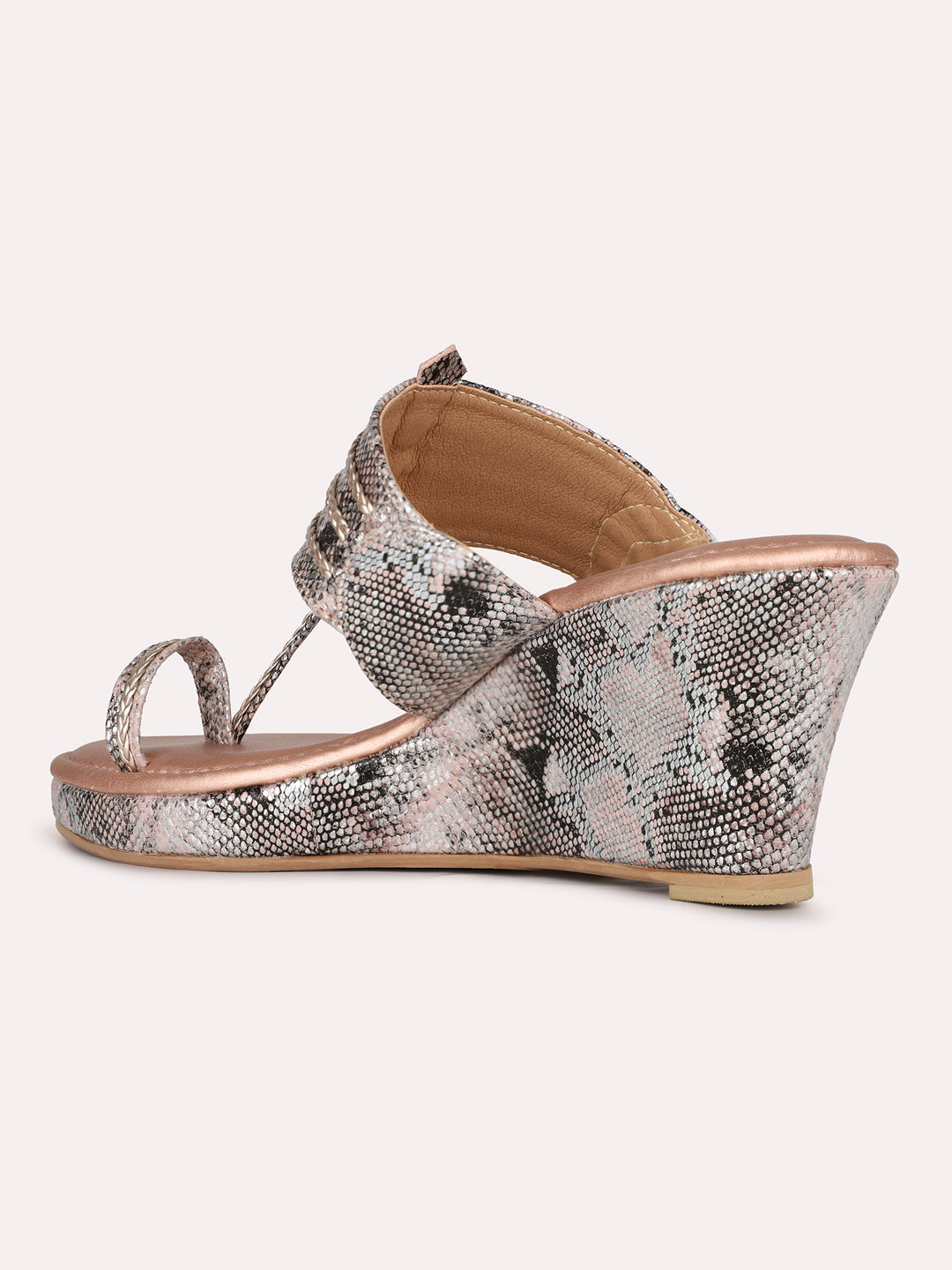 Womens Rose Gold Ethnic Printed Toe Round Toe Wedge Heel Sandals