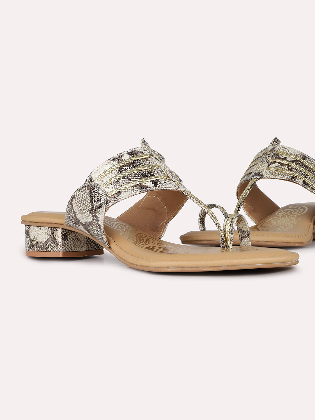 Womens Golden Ethnic Printed Toe Round Toe Block Heel Sandals