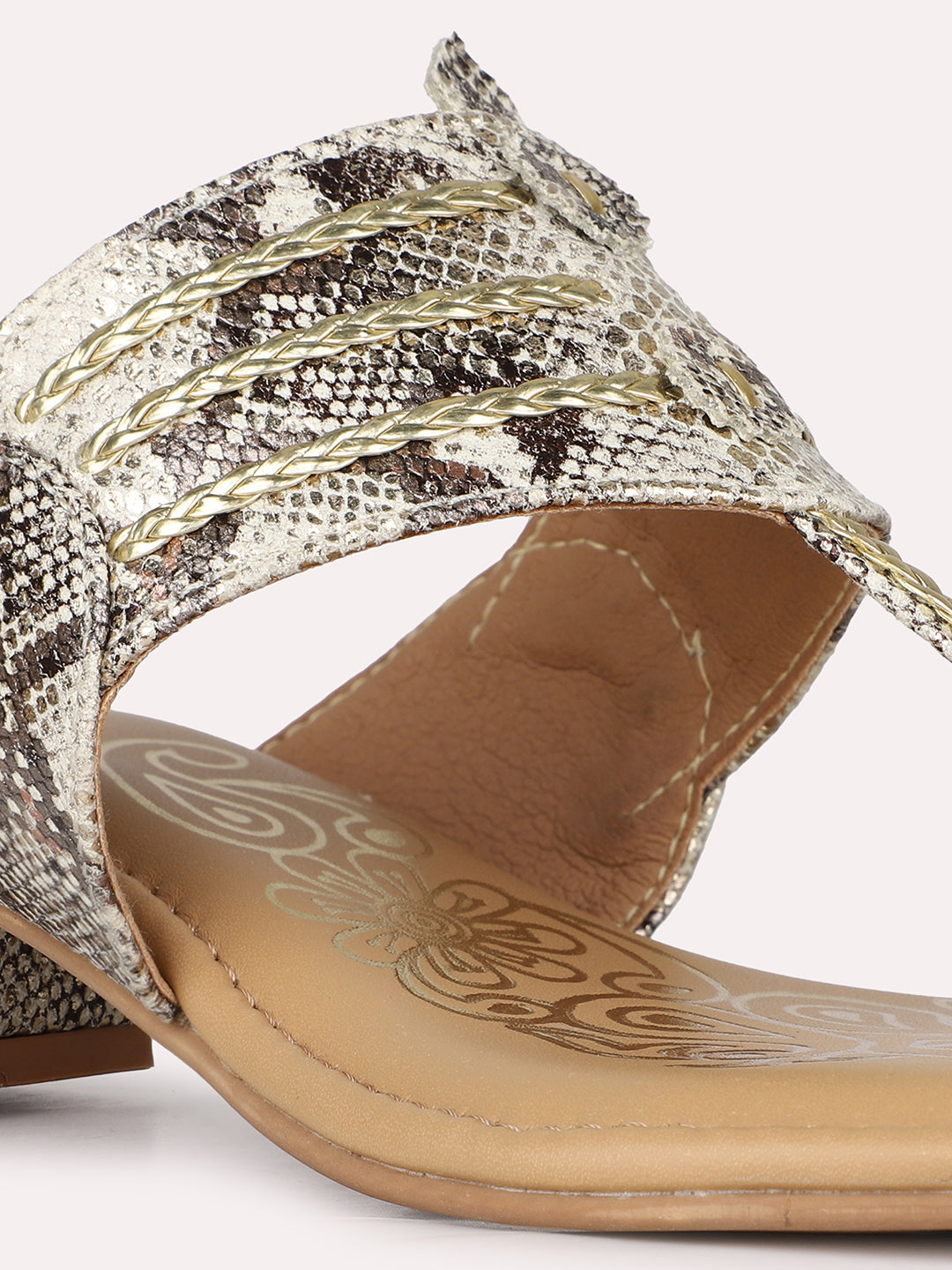 Womens Golden Ethnic Printed Toe Round Toe Block Heel Sandals