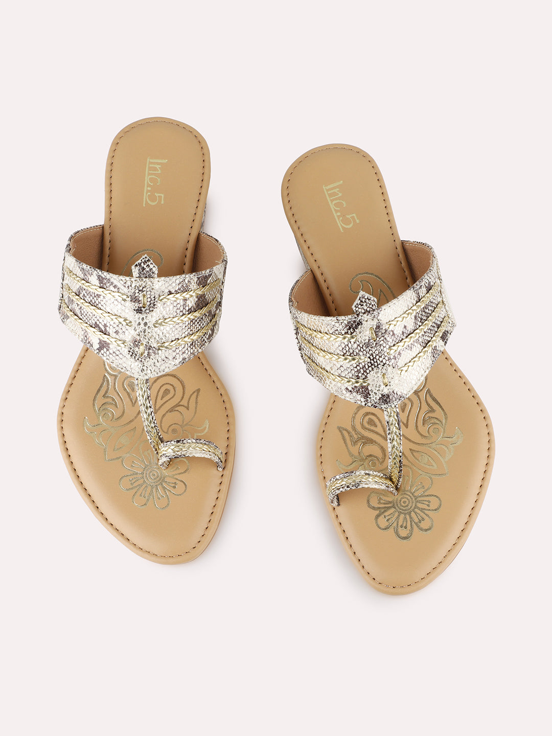 Womens Golden Ethnic Printed Toe Round Toe Block Heel Sandals