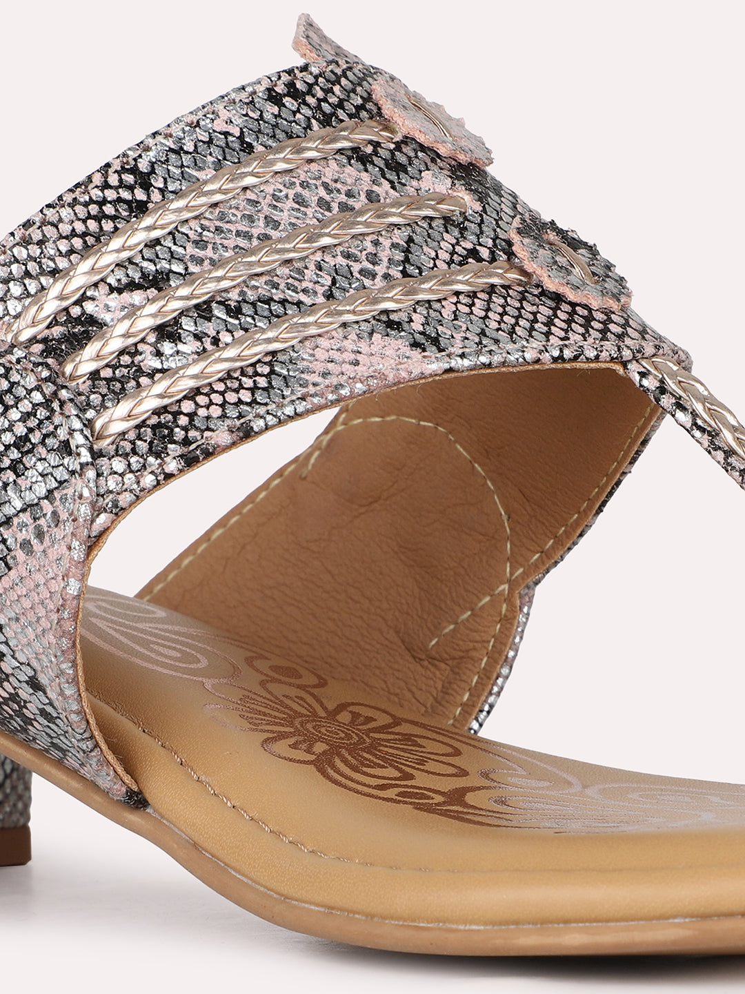 Womens Rose Gold Ethnic Printed Toe Round Toe Block Heel Sandals