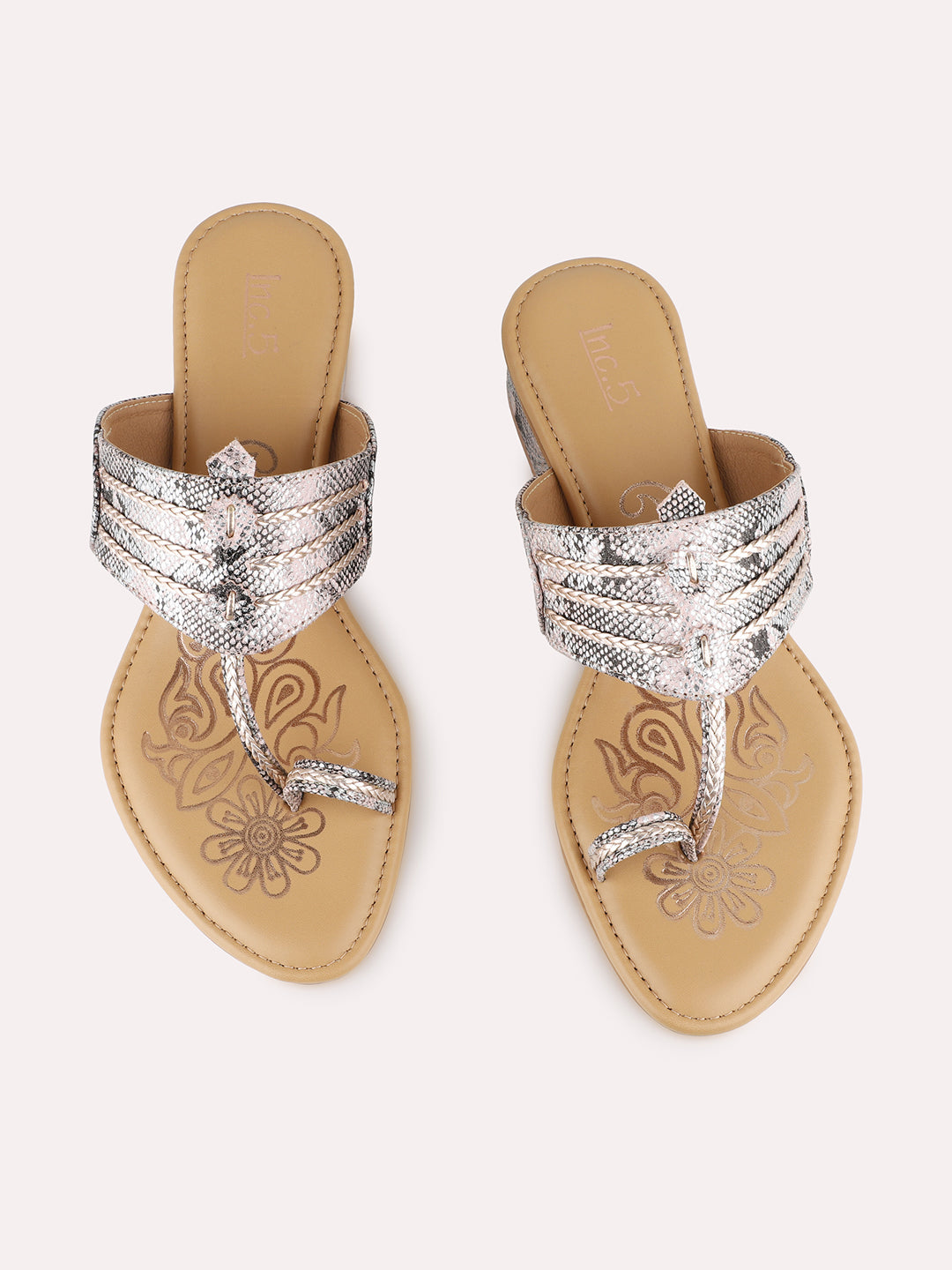 Womens Rose Gold Ethnic Printed Toe Round Toe Block Heel Sandals