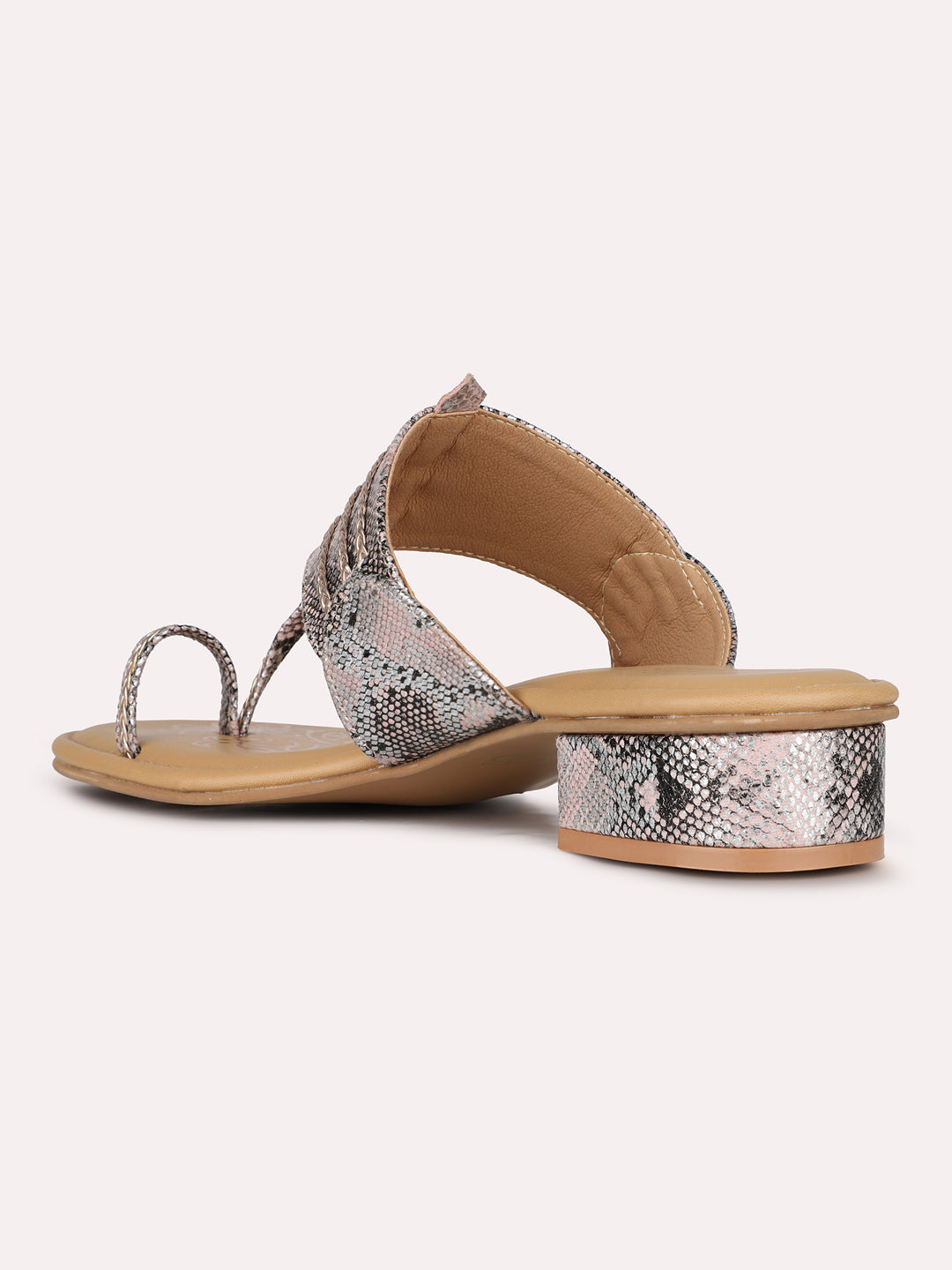 Womens Rose Gold Ethnic Printed Toe Round Toe Block Heel Sandals