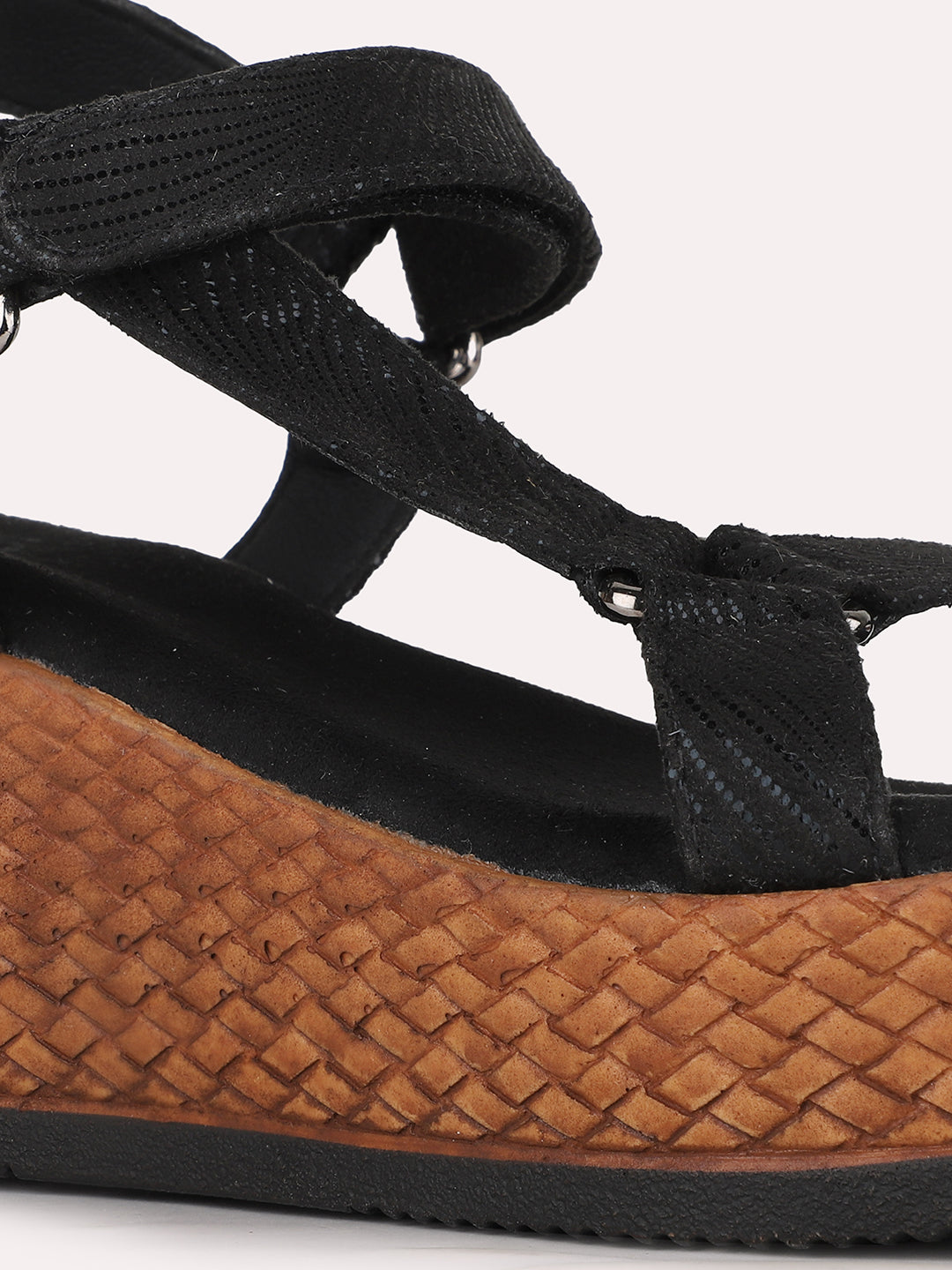 Womens Black Party Wear Solid Round Toe Wedge Heel Sandals