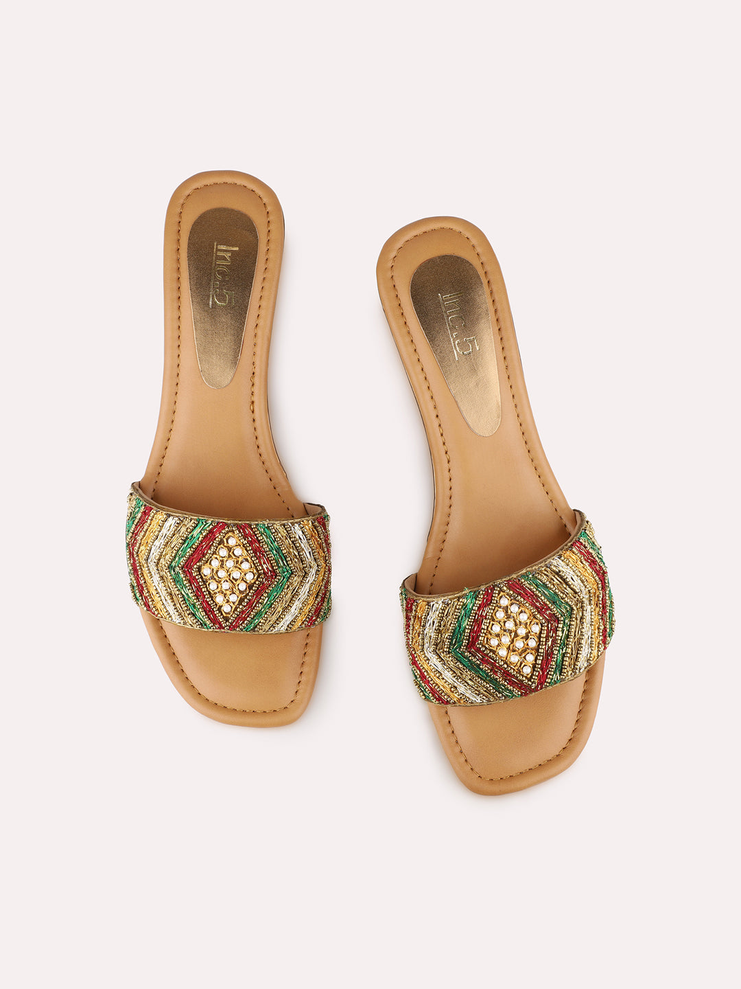 Womens Golden Ethnic Embellished Square Toe Wedge Heel Sandals