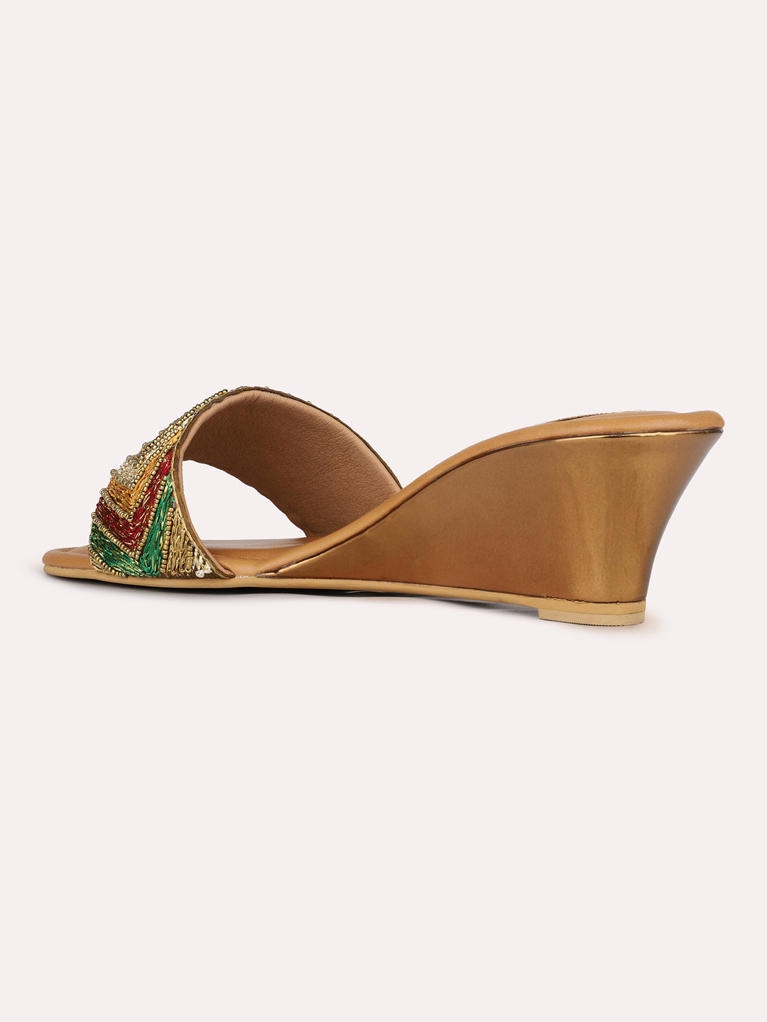 Womens Golden Ethnic Embellished Square Toe Wedge Heel Sandals