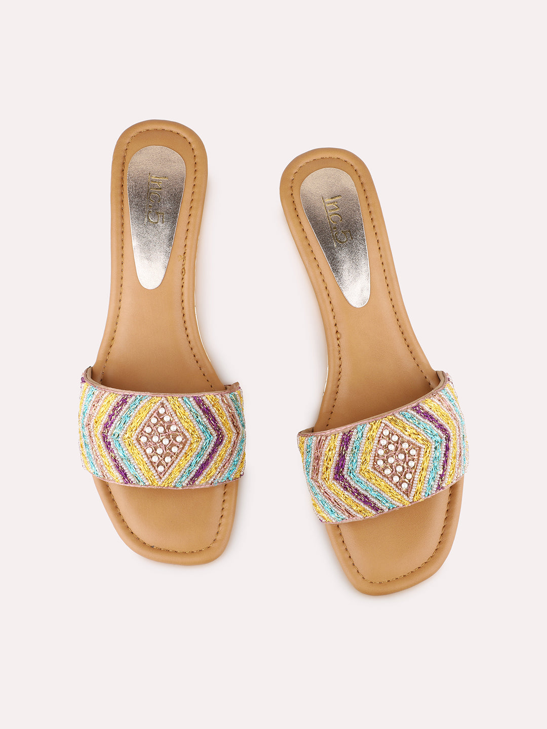 Womens Rose Gold Ethnic Embellished Square Toe Wedge Heel Sandals