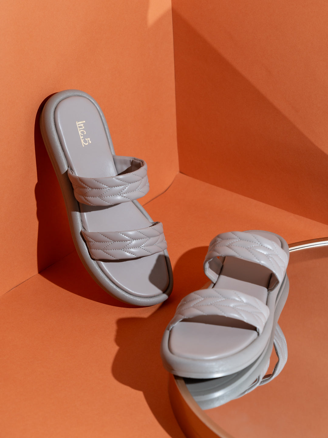 Womens Grey Casual Solid Open Toe Flat Slip-On Sandals