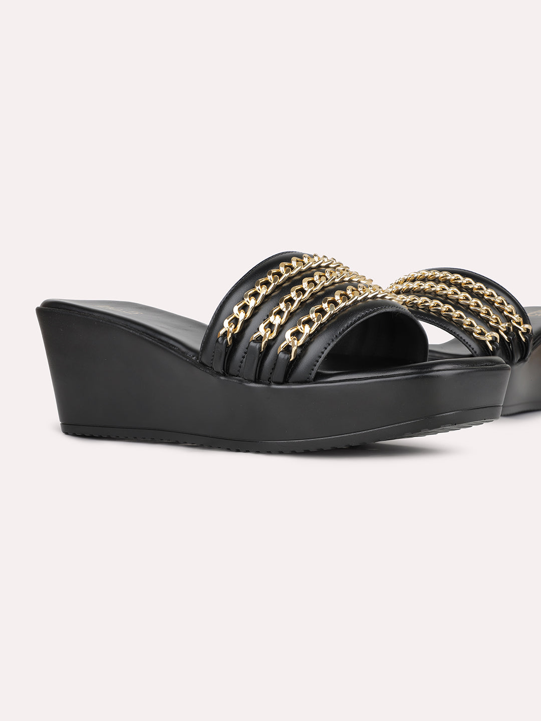 Womens Black Party Wear Embellished Round Toe Wedge Heel Sandals