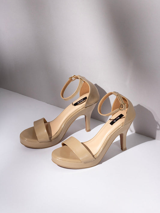 Womens Beige Party Wear Solid Round Toe Stiletto Heel Sandals