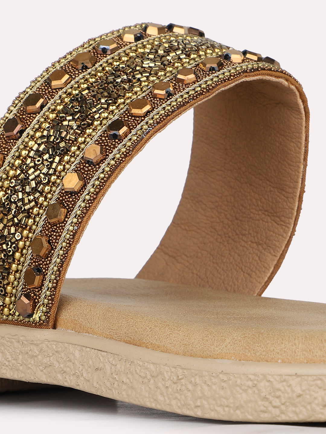 Womens Golden Ethnic Embellished One Toe Flat Slip-On Sandals
