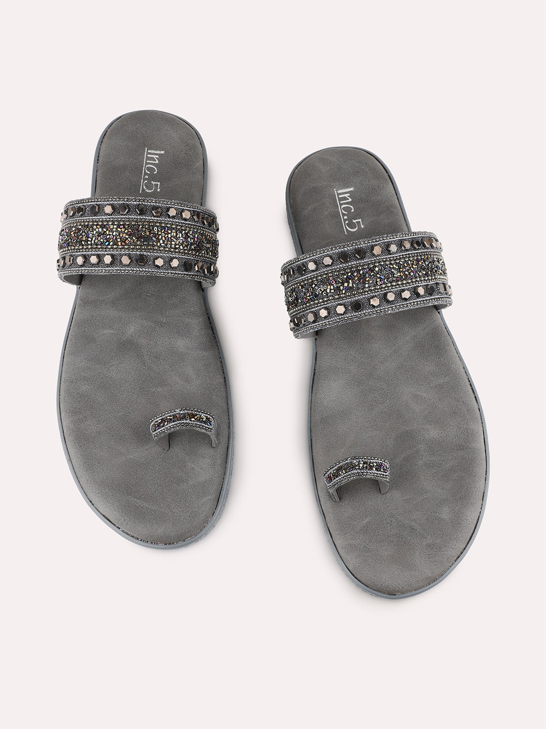 Womens Pewter Ethnic Embellished One Toe Flat Slip-On Sandals