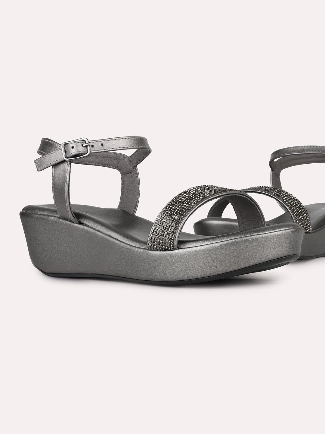 Womens Pewter Party Wear Solid Round Toe Wedge Heel Sandals