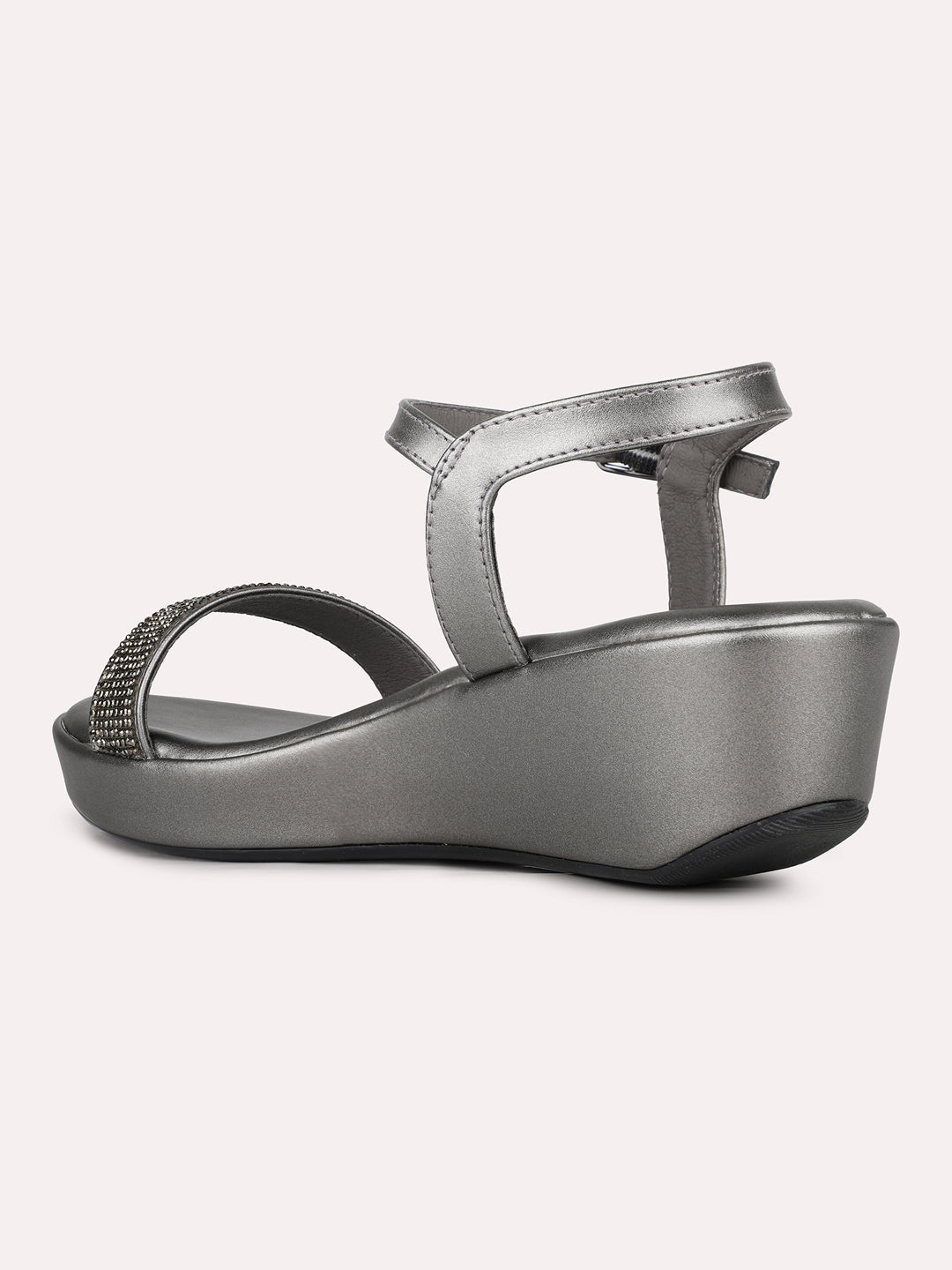 Womens Pewter Party Wear Solid Round Toe Wedge Heel Sandals