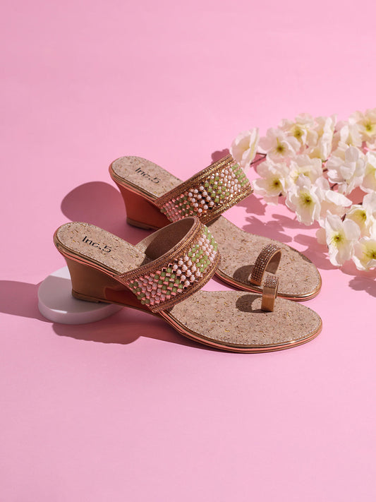 Womens Rose Gold Ethnic Embellished Square Toe Wedge Heel Sandals