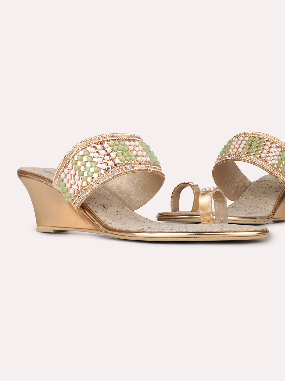 Womens Rose Gold Ethnic Embellished Square Toe Wedge Heel Sandals