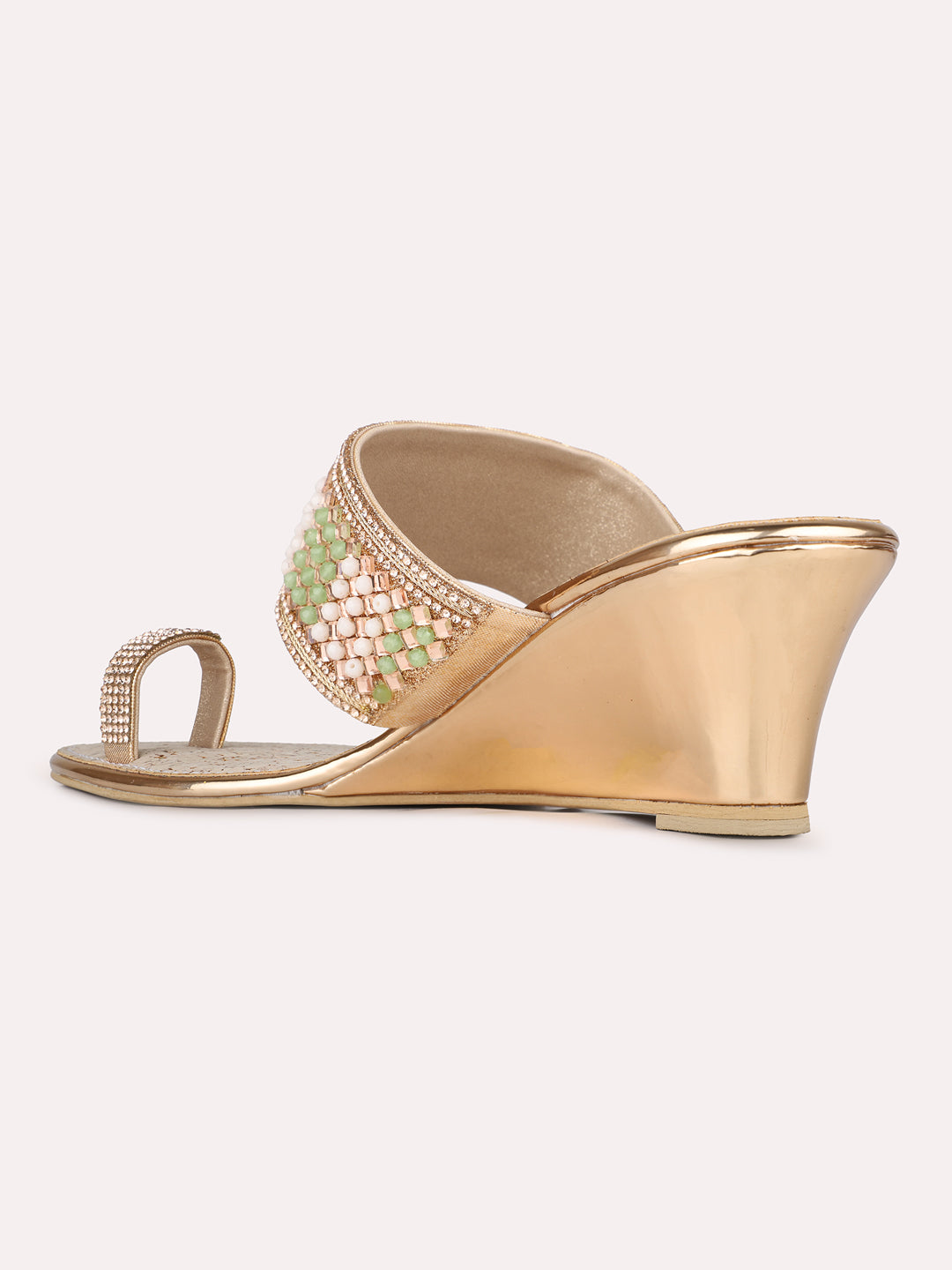 Womens Rose Gold Ethnic Embellished Square Toe Wedge Heel Sandals