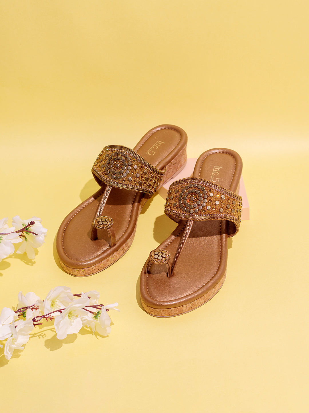 Womens Golden Ethnic Embellished Round Toe Wedge Heel Sandals