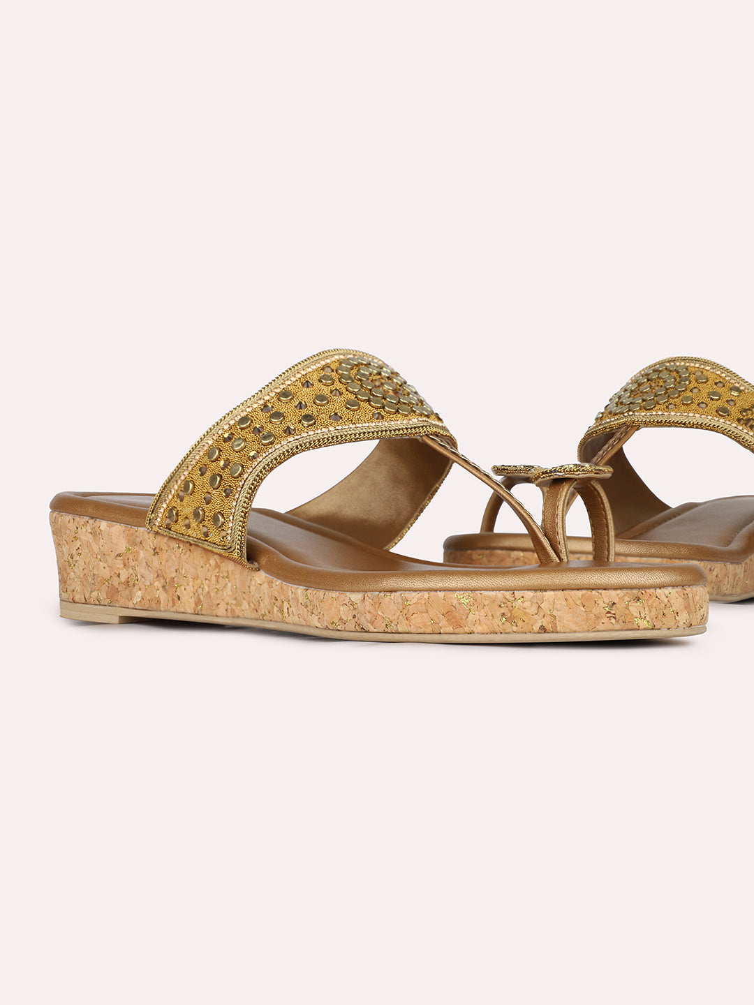 Womens Golden Ethnic Embellished Round Toe Wedge Heel Sandals