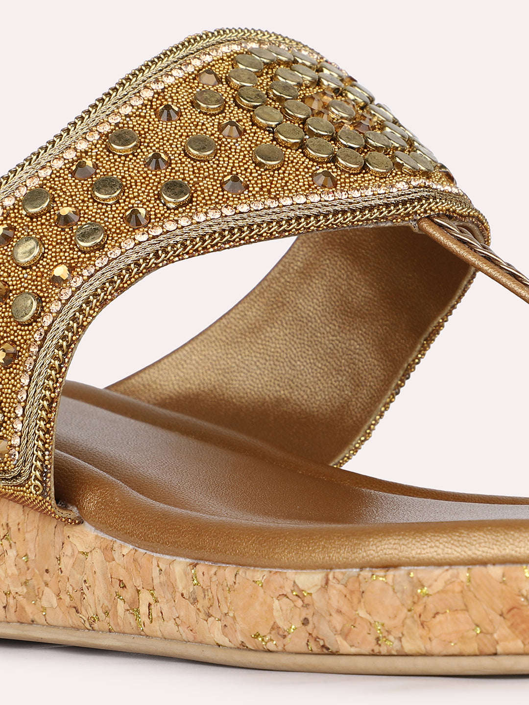 Womens Golden Ethnic Embellished Round Toe Wedge Heel Sandals