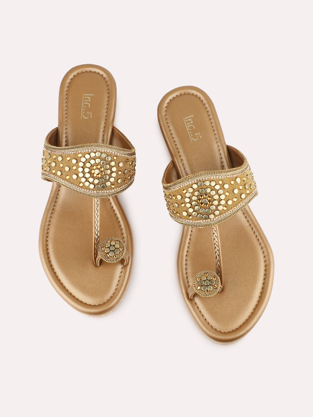 Womens Golden Ethnic Embellished Round Toe Wedge Heel Sandals