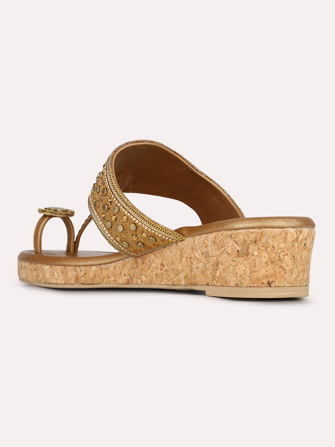 Womens Golden Ethnic Embellished Round Toe Wedge Heel Sandals