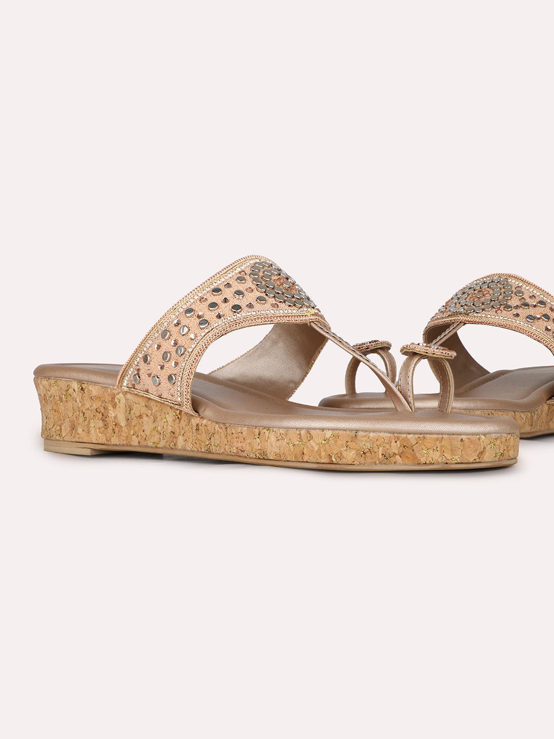 Womens Rose Gold Ethnic Embellished Round Toe Wedge Heel Sandals