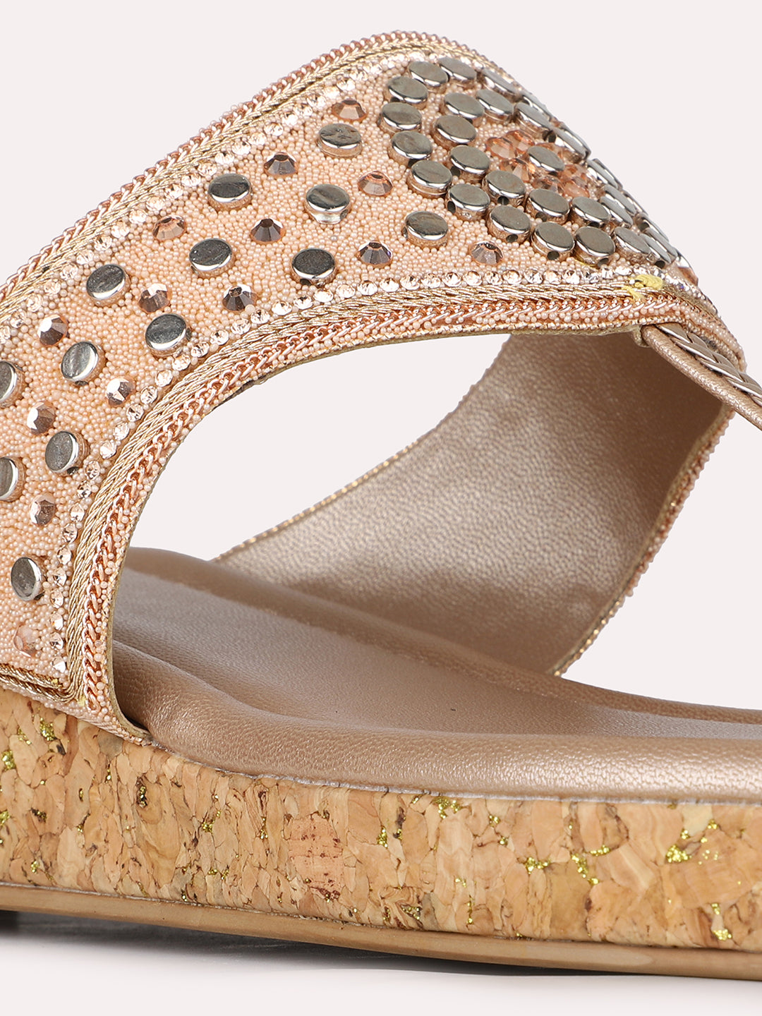 Womens Rose Gold Ethnic Embellished Round Toe Wedge Heel Sandals