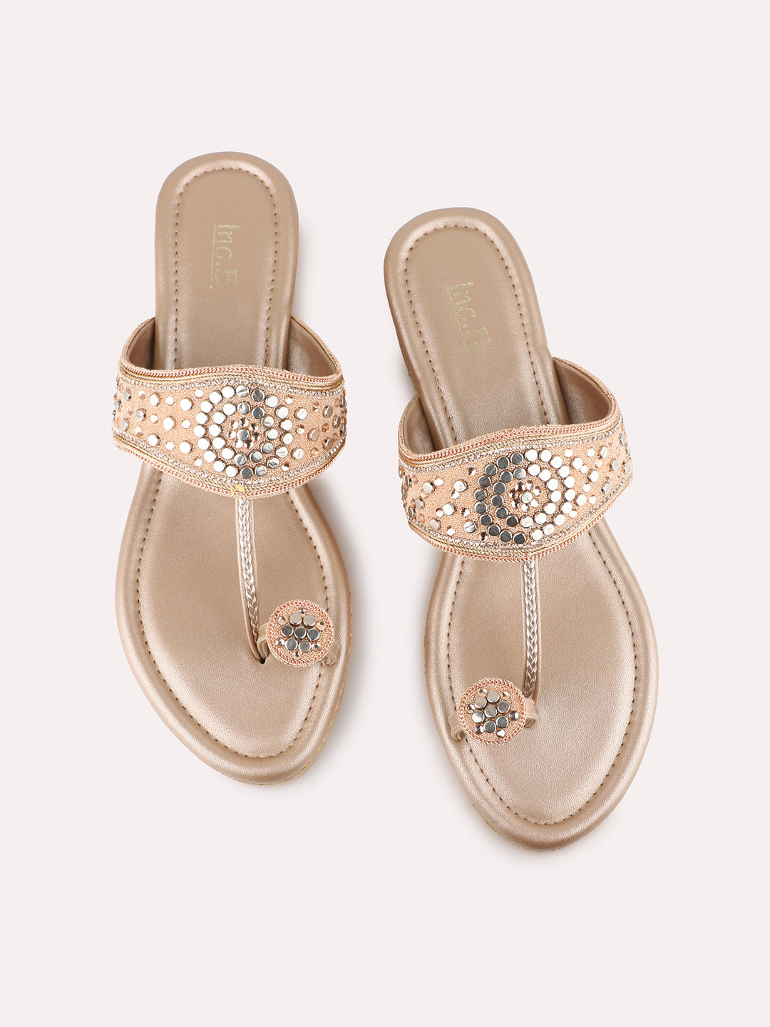 Womens Rose Gold Ethnic Embellished Round Toe Wedge Heel Sandals