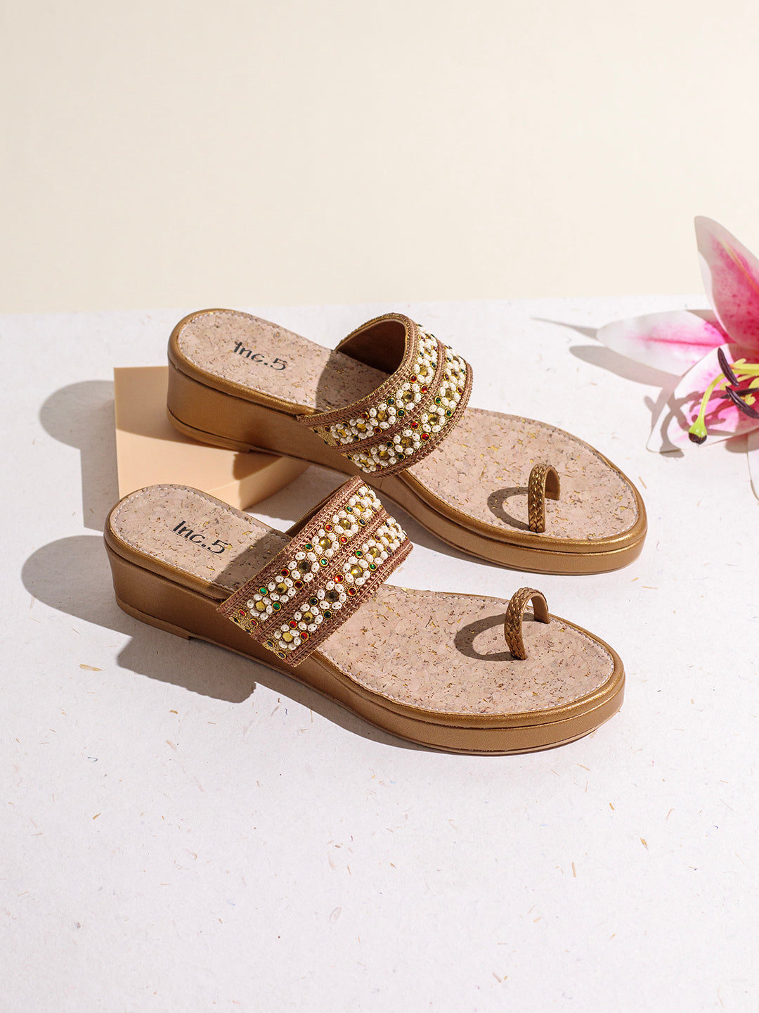 Womens Golden Ethnic Embellished Round Toe Wedge Heel Sandals