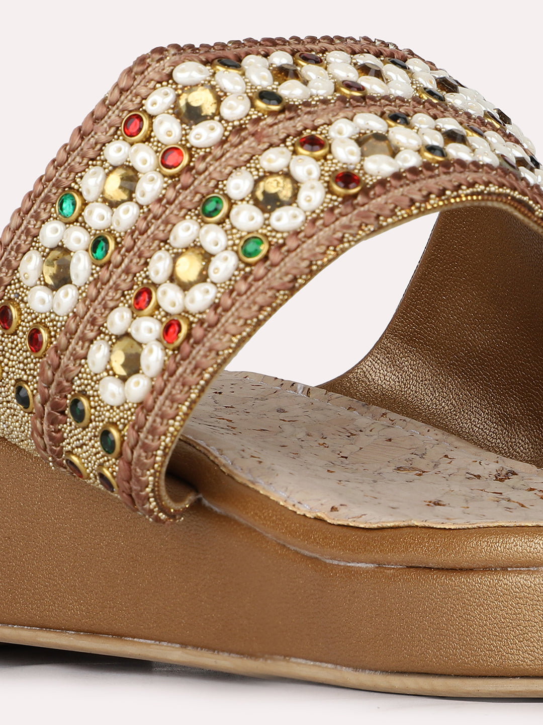 Womens Golden Ethnic Embellished Round Toe Wedge Heel Sandals