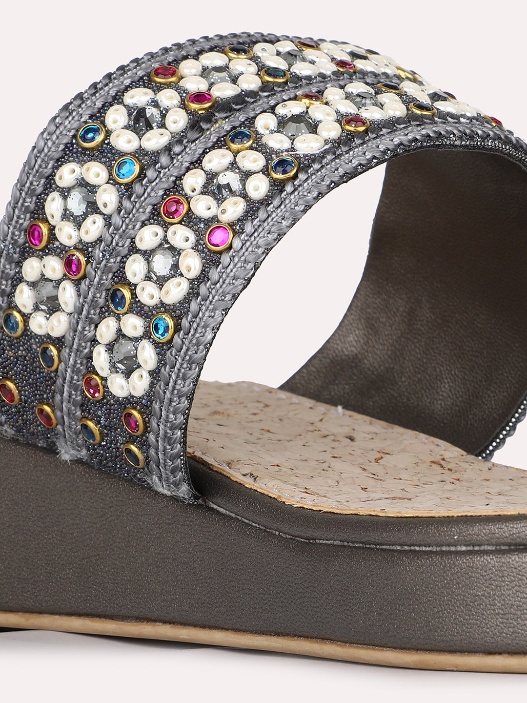 Womens Pewter Ethnic Embellished Round Toe Wedge Heel Sandals