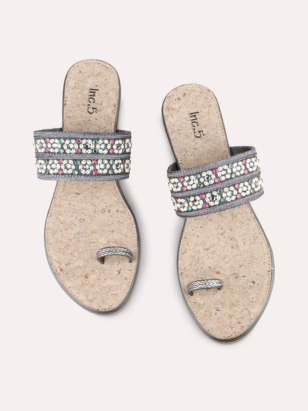 Womens Pewter Ethnic Embellished Round Toe Wedge Heels