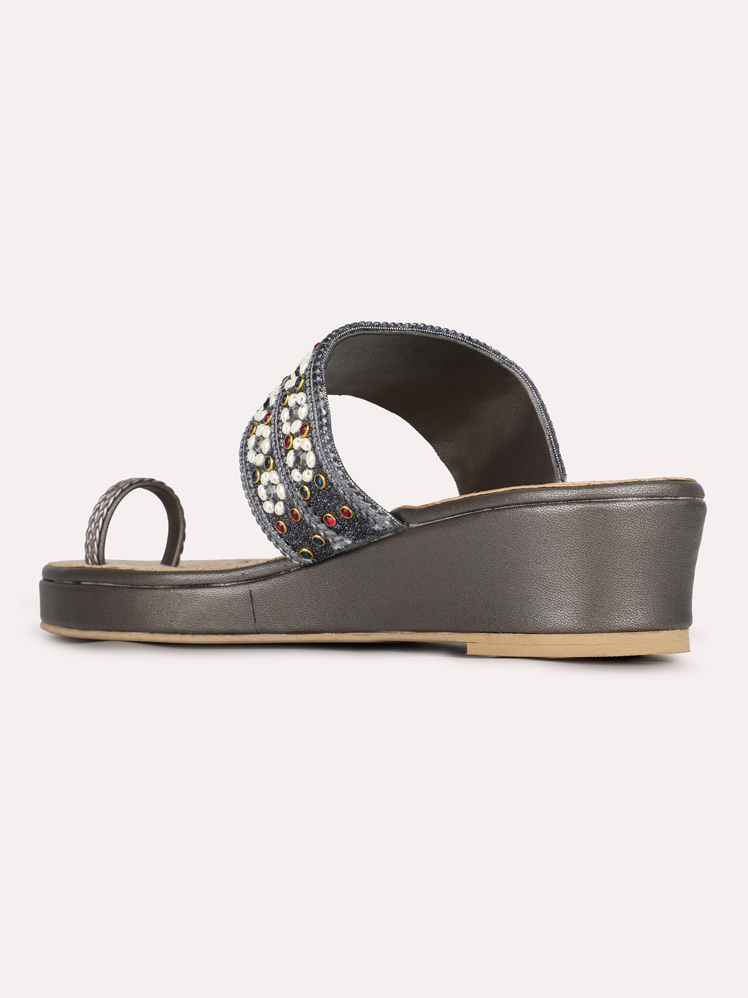 Womens Pewter Ethnic Embellished Round Toe Wedge Heels