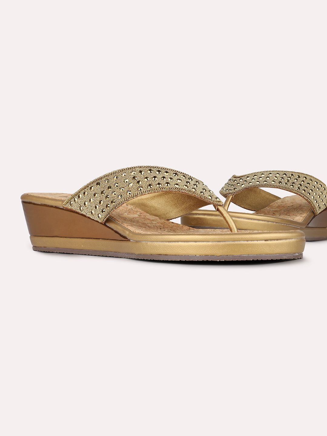 Womens Golden Ethnic Embellished Round Toe Wedge Heel Sandals