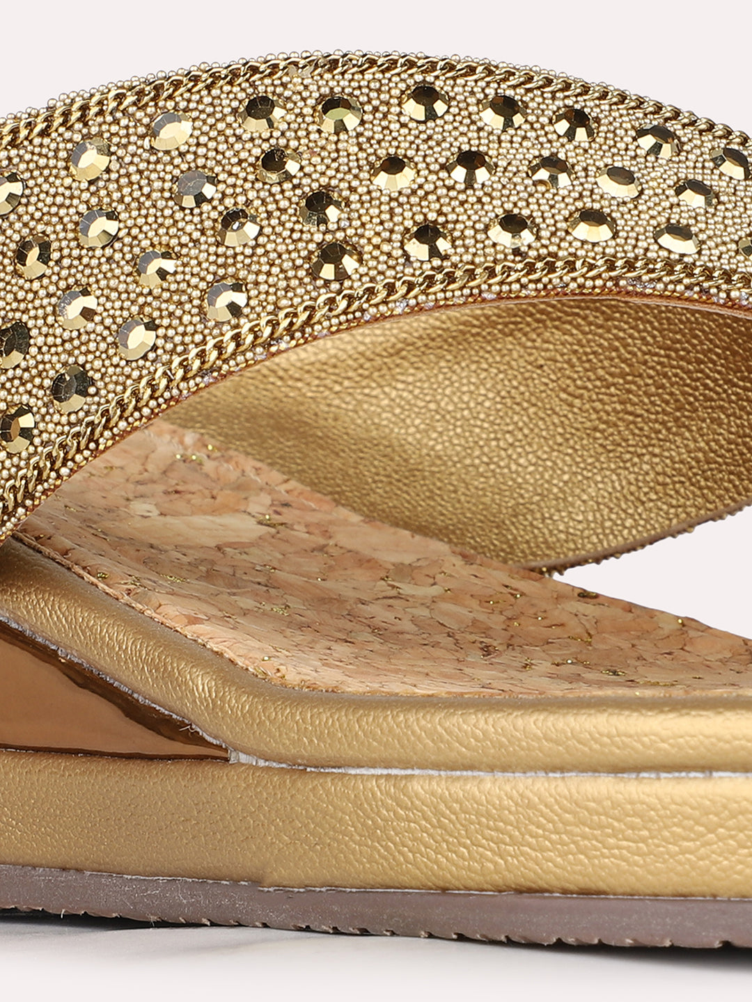 Womens Golden Ethnic Embellished Round Toe Wedge Heel Sandals